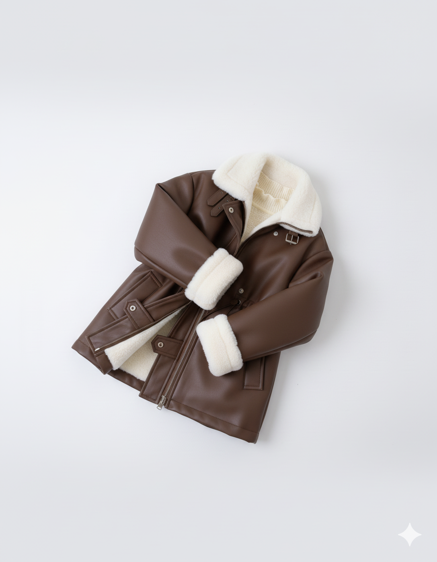 Girls' Winter Fleece-lined Medium Leather Coat