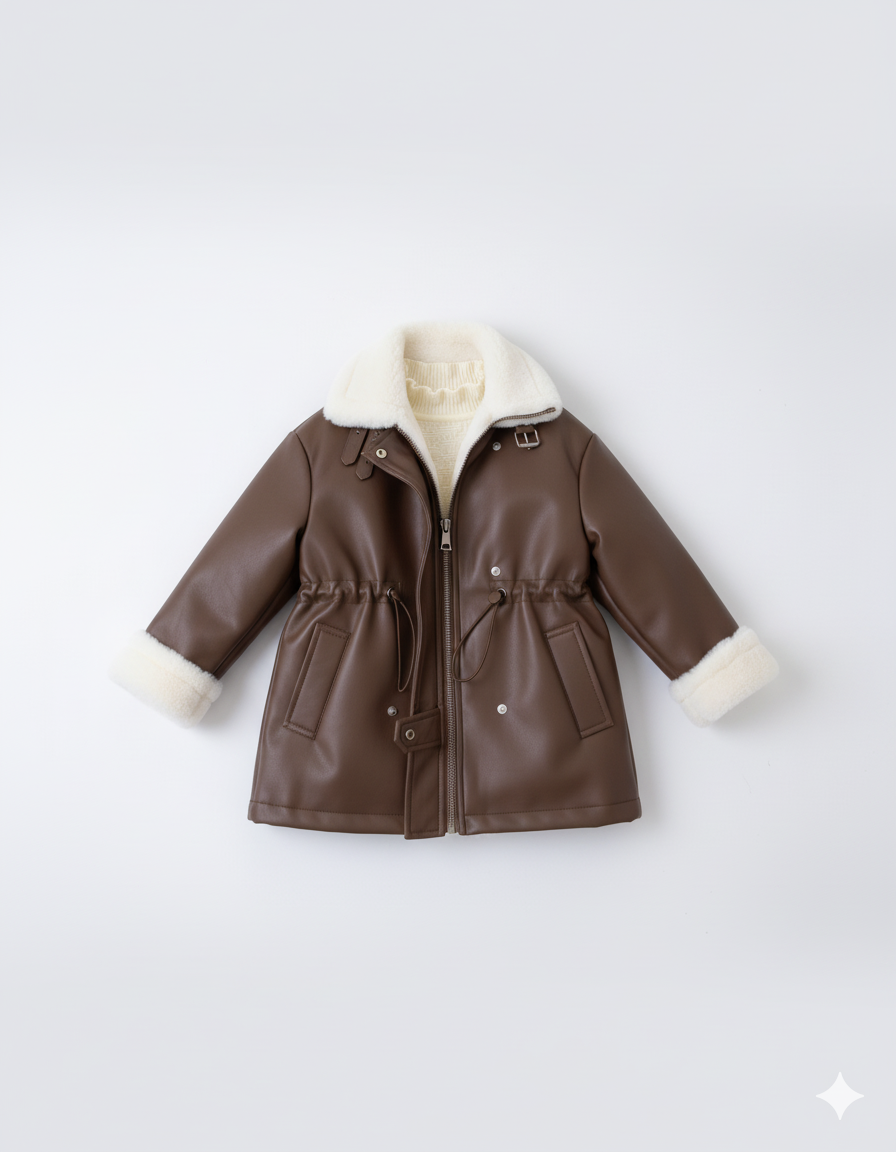 Girls' Winter Fleece-lined Medium Leather Coat