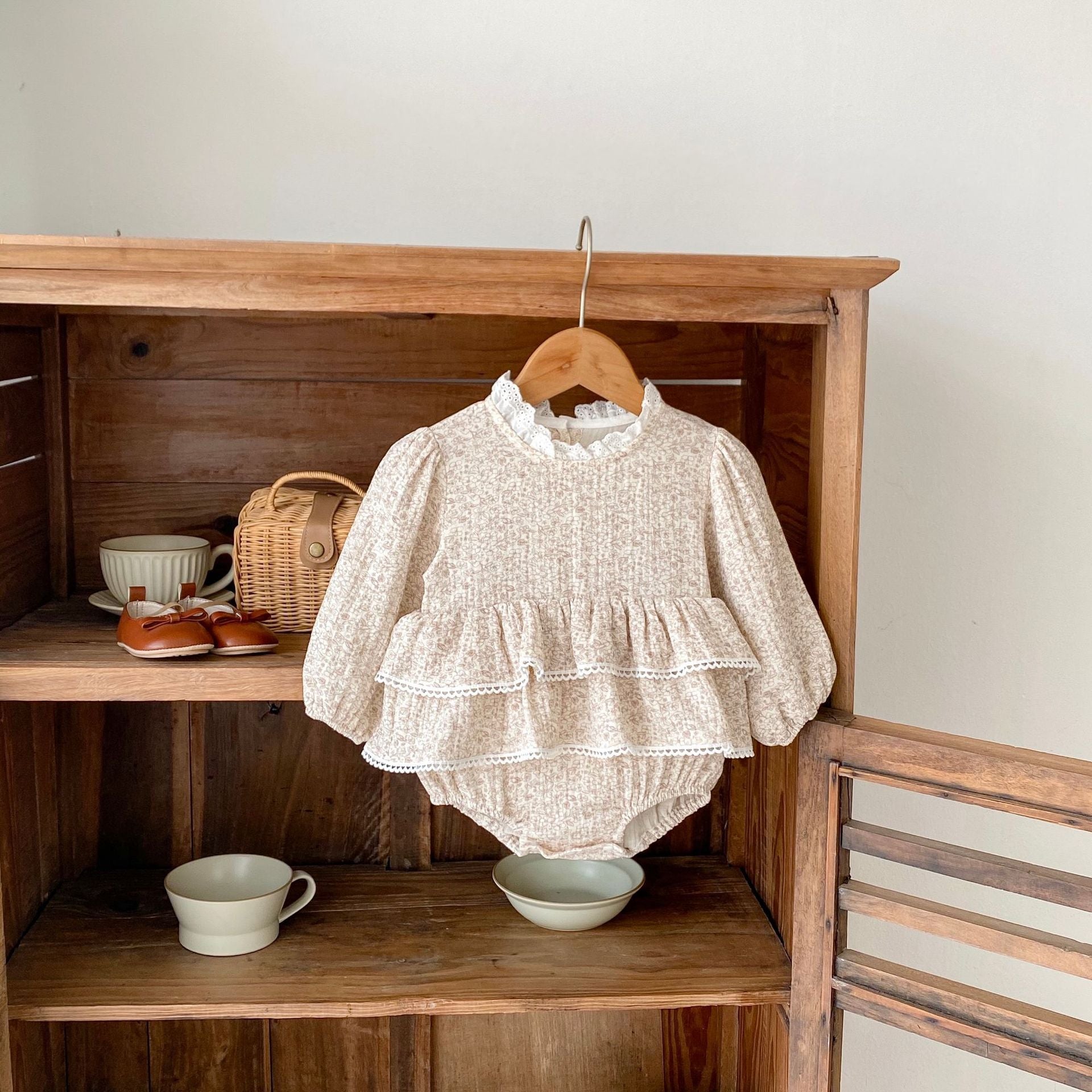 Autumn New Baby Girl Double Lace Skirt Cotton Yarn Printed Long Sleeve Princess Dress