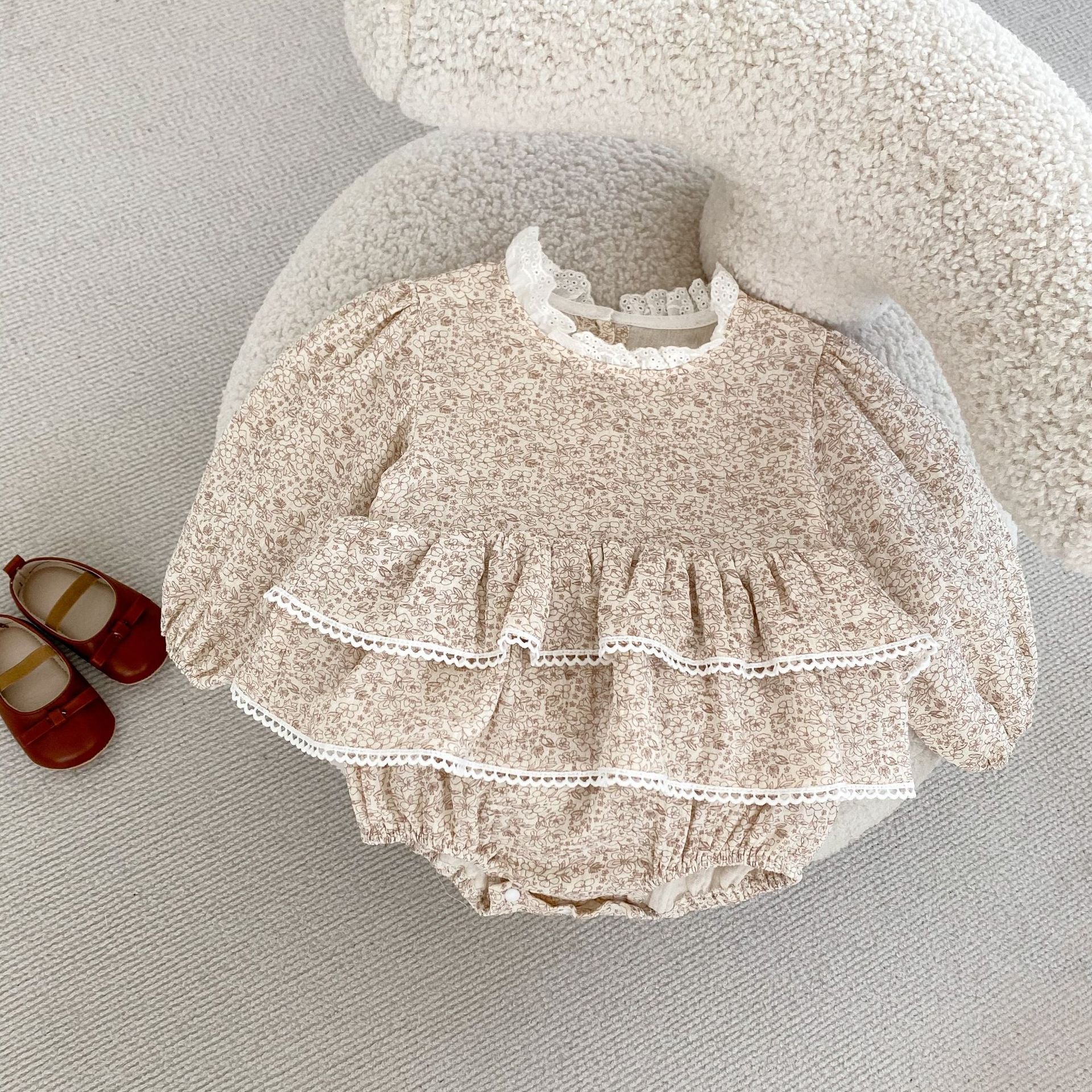 Autumn New Baby Girl Double Lace Skirt Cotton Yarn Printed Long Sleeve Princess Dress