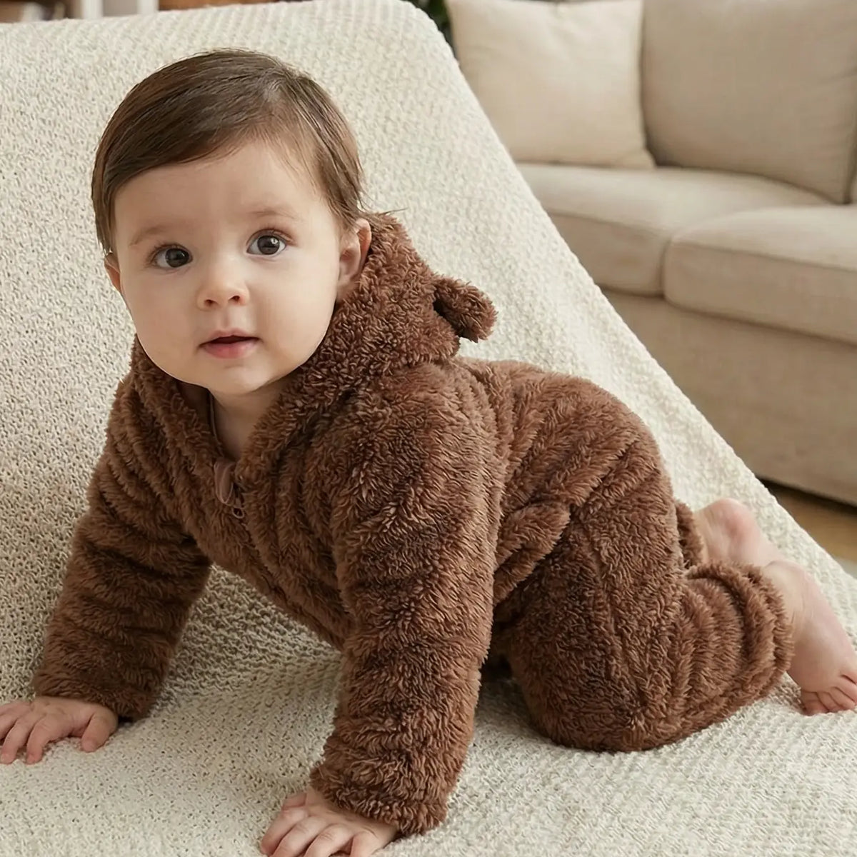 Élanoora Zipped Teddy Romper - Baby Romper For Winter | Unisex Brown