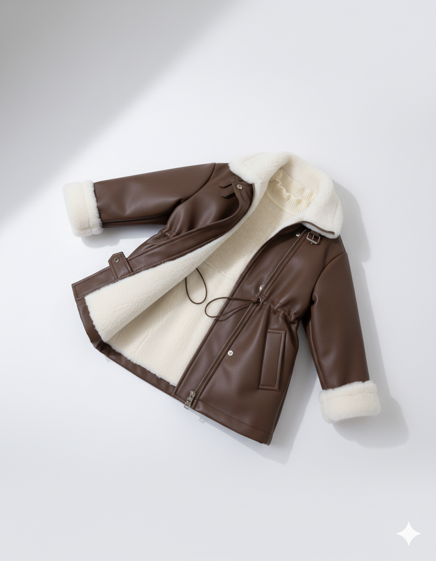 Girls' Winter Fleece-lined Medium Leather Coat